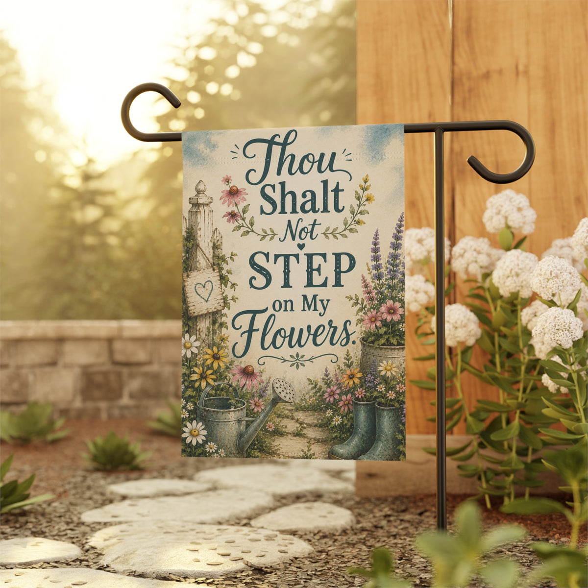 Garden Flag - "Thou Shalt Not Step on My Flowers" Decorative Garden & House Banner