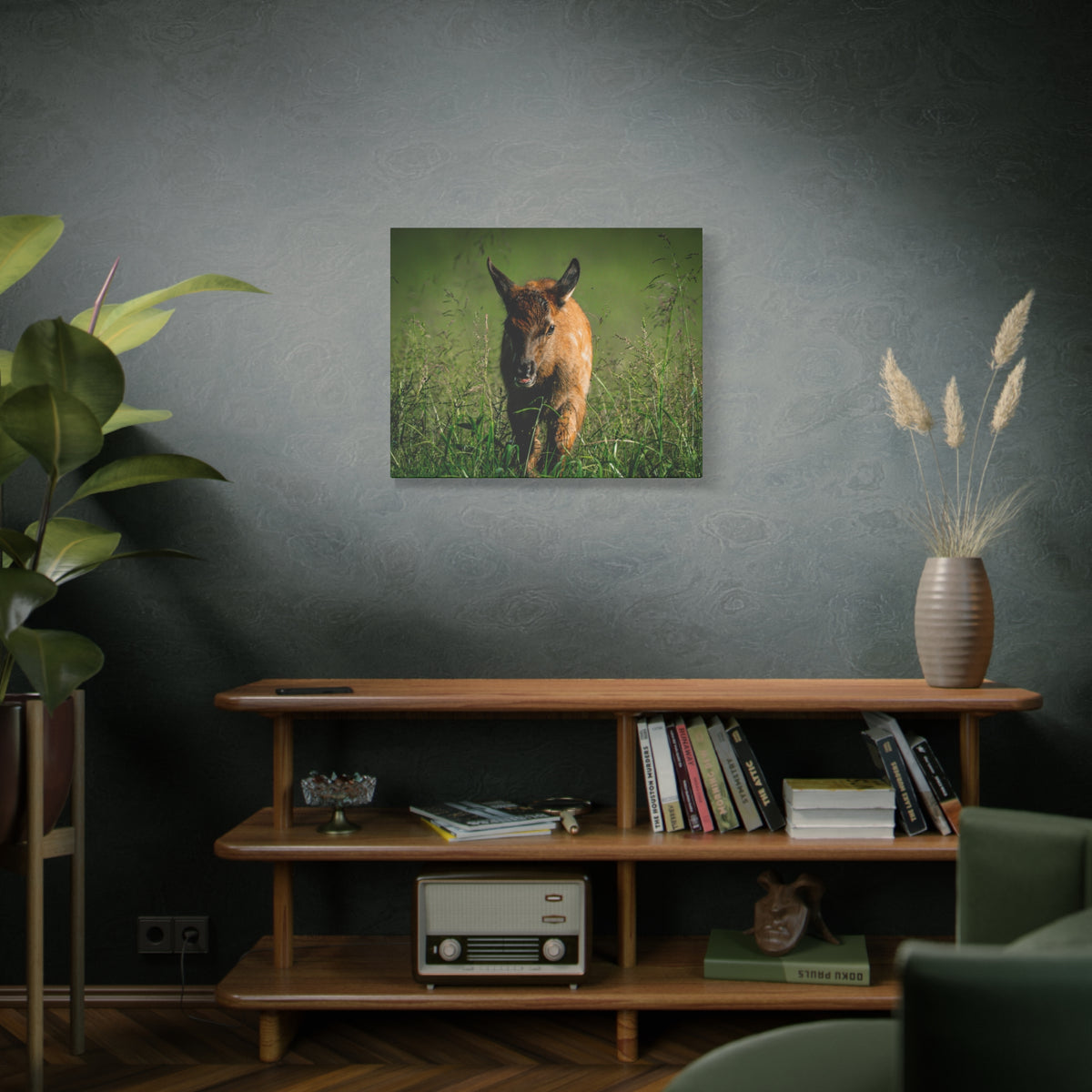 Elk Calf Meadow Matte Stretched Canvas — Wildlife Nursery Wall Art