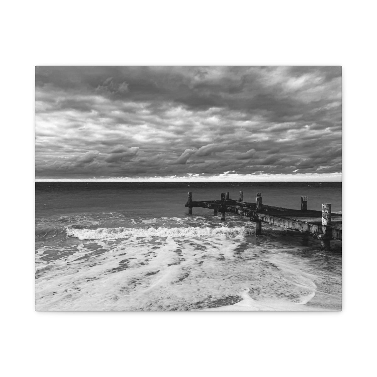 Black and White Seascape Canvas Print — Stormy Beach Pier Wall Art, Matte Stretched 1.25"