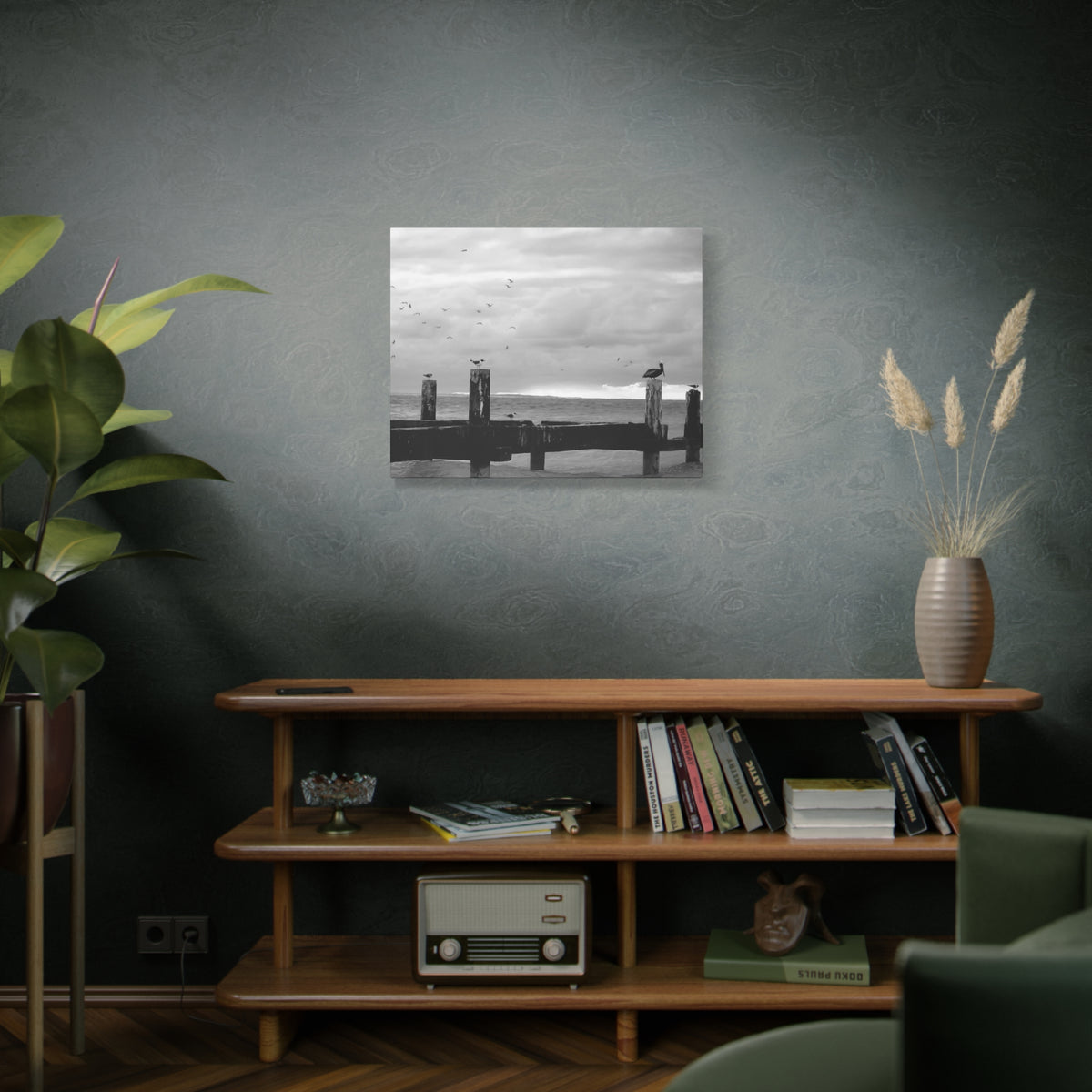 Seaside Pier Black & White Matte Canvas Print — Coastal Bird Photography Wall Art