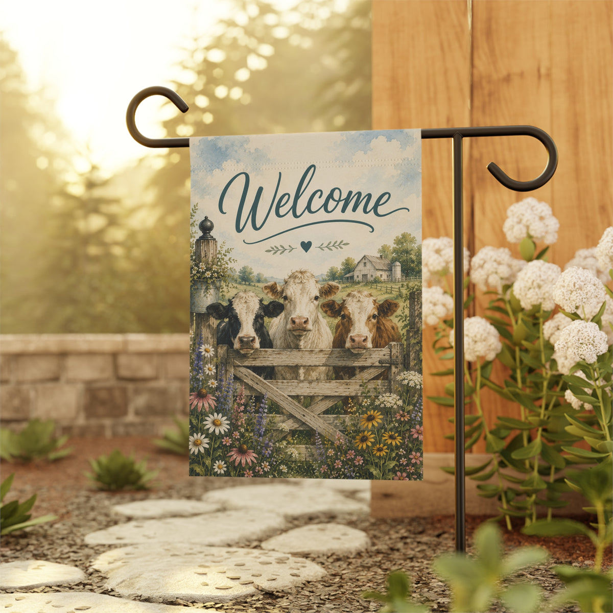 Welcome Farmhouse Garden Flag — Rustic Cow Welcome Banner for Yard & Porch