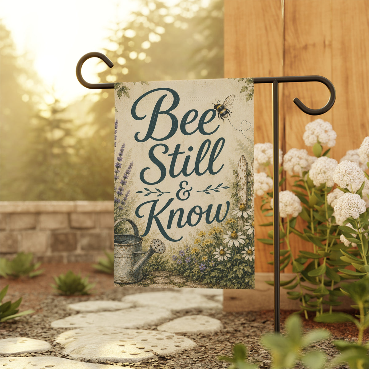 Bee Still & Know Garden Flag — Garden Banner for Yard, Porch, Spring Decor