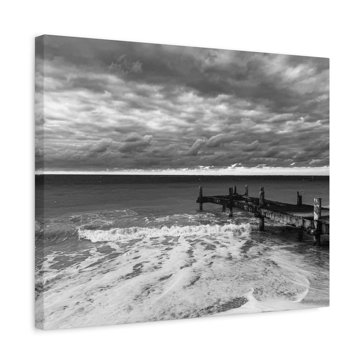 Black and White Seascape Canvas Print — Stormy Beach Pier Wall Art, Matte Stretched 1.25"