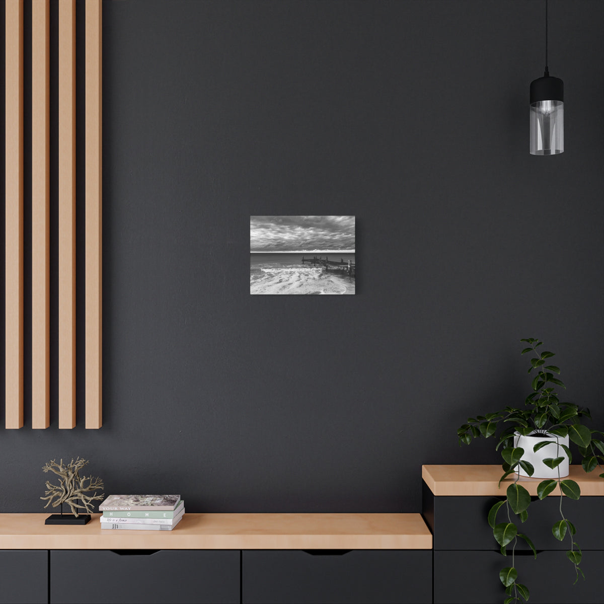 Black and White Seascape Canvas Print — Stormy Beach Pier Wall Art, Matte Stretched 1.25"