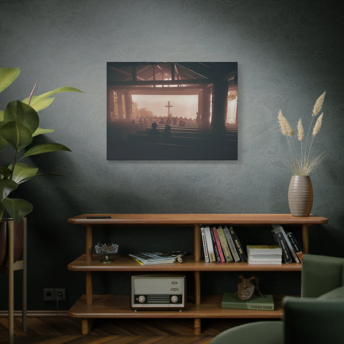 Church Interior Canvas Print — Silhouetted Congregation with Cross