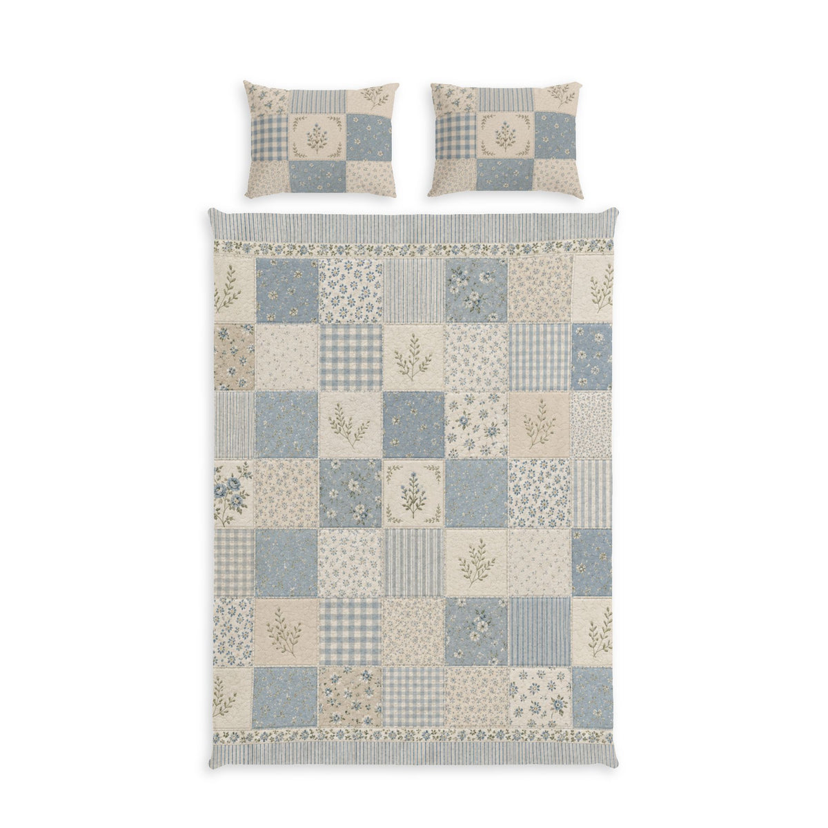 Patchwork Cotton Duvet Cover Set — Blue Floral & Gingham Quilt Design