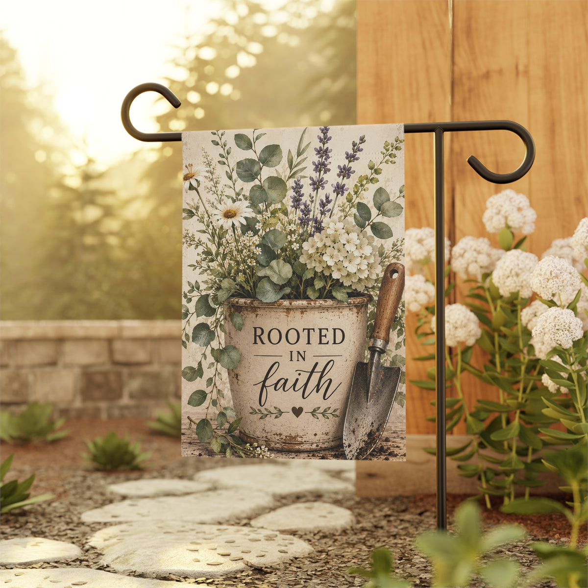 Rooted in Faith Garden Flag — Floral House & Garden Banner