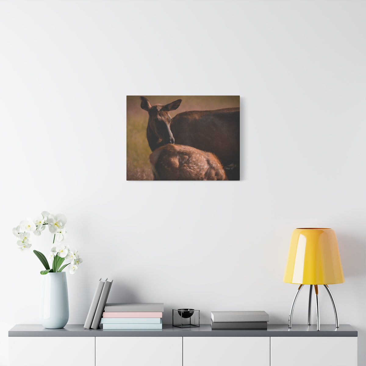 Elk Cow & Calf Matte Canvas Print — Rustic Wildlife Nature Wall Art
