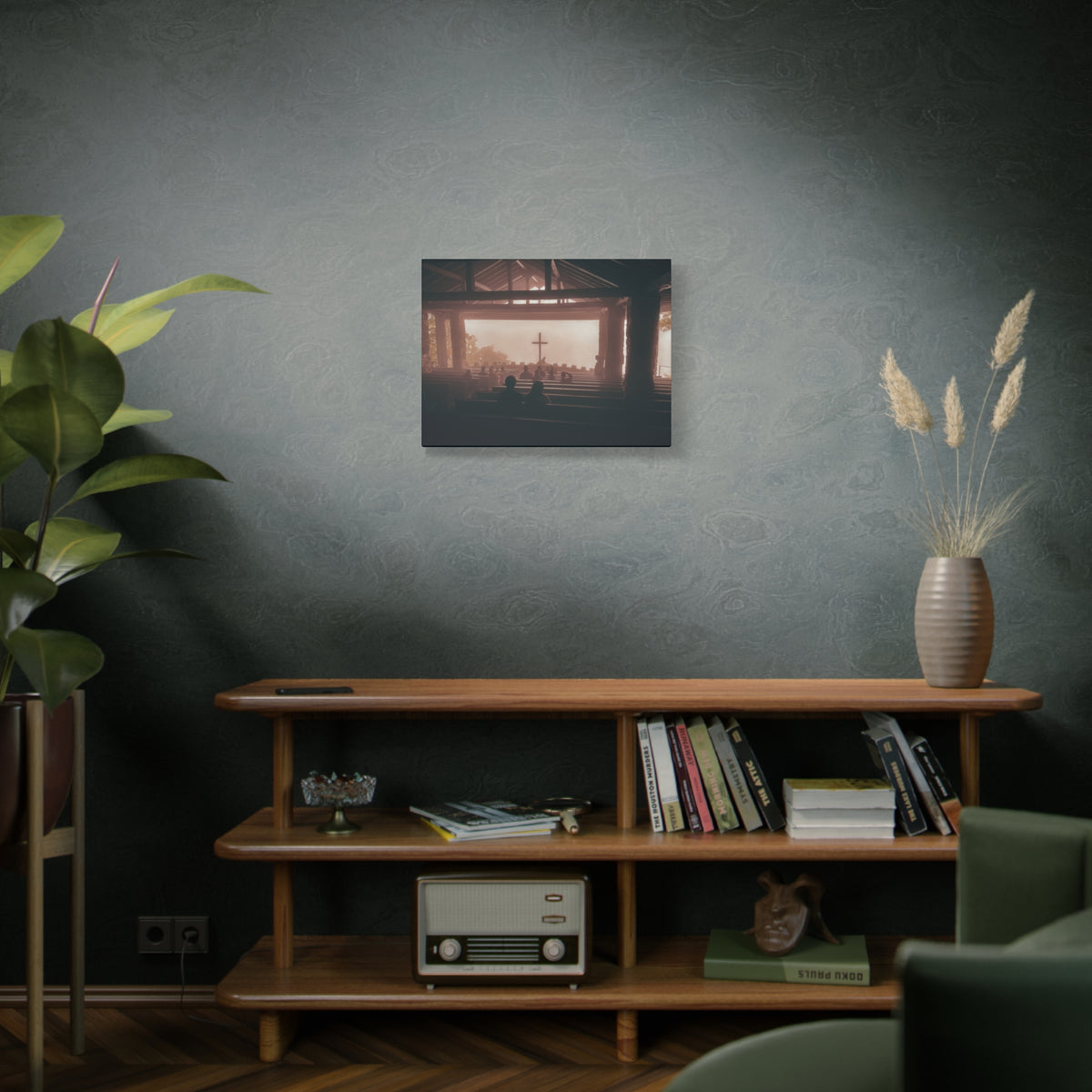 Church Interior Canvas Print — Silhouetted Congregation with Cross