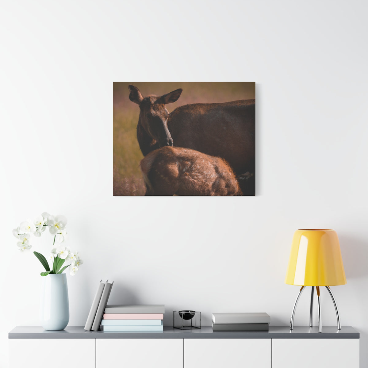 Elk Cow & Calf Matte Canvas Print — Rustic Wildlife Nature Wall Art