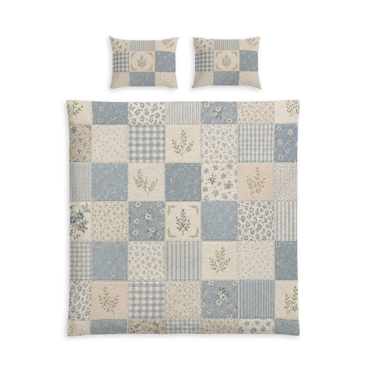 Patchwork Cotton Duvet Cover Set — Blue Floral & Gingham Quilt Design