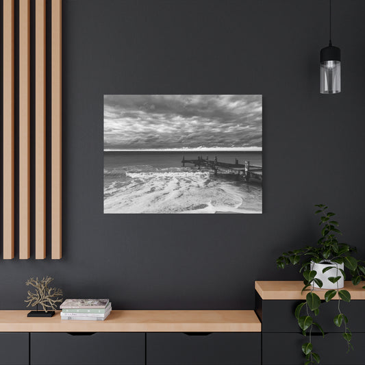 Black and White Seascape Canvas Print — Stormy Beach Pier Wall Art, Matte Stretched 1.25"