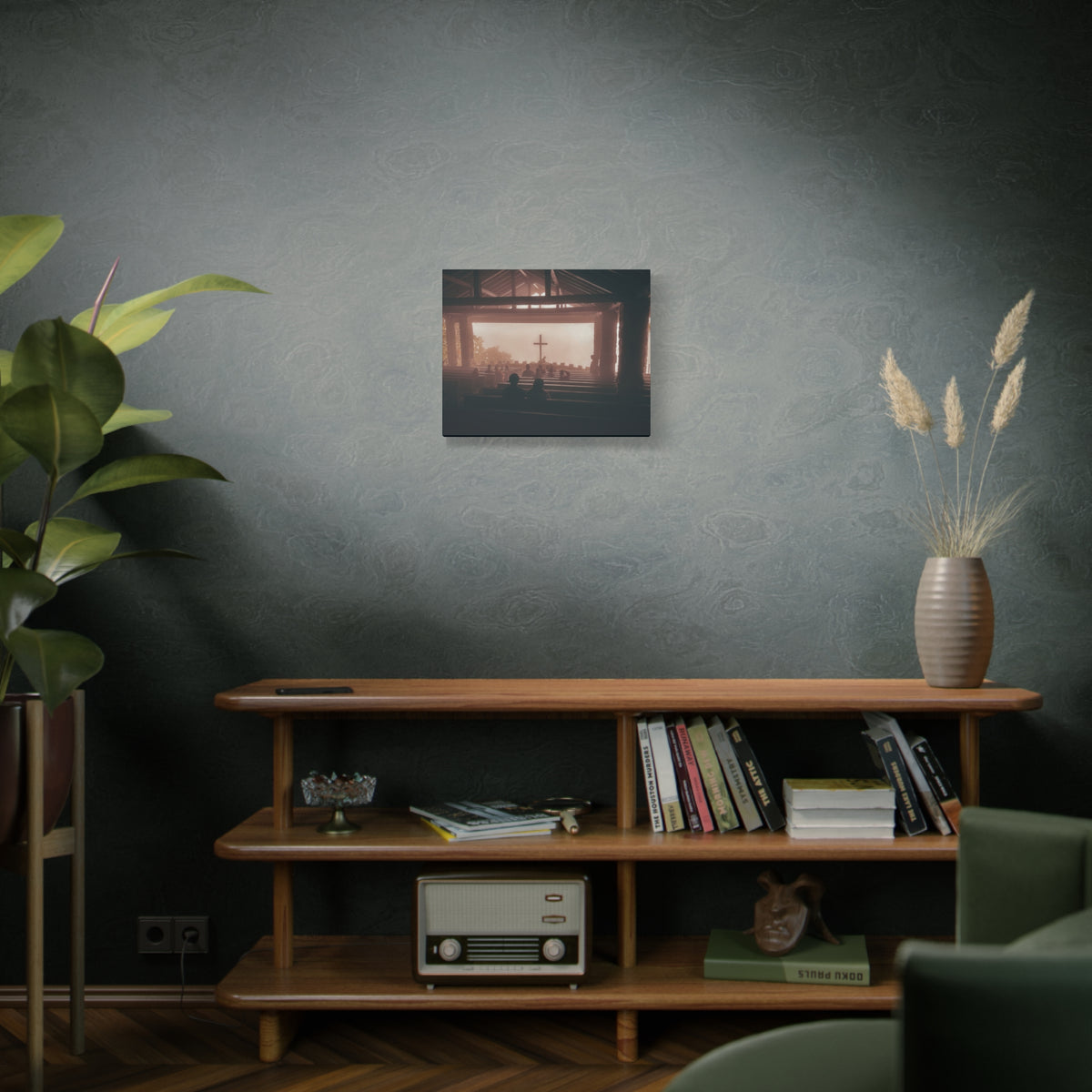Church Interior Canvas Print — Silhouetted Congregation with Cross
