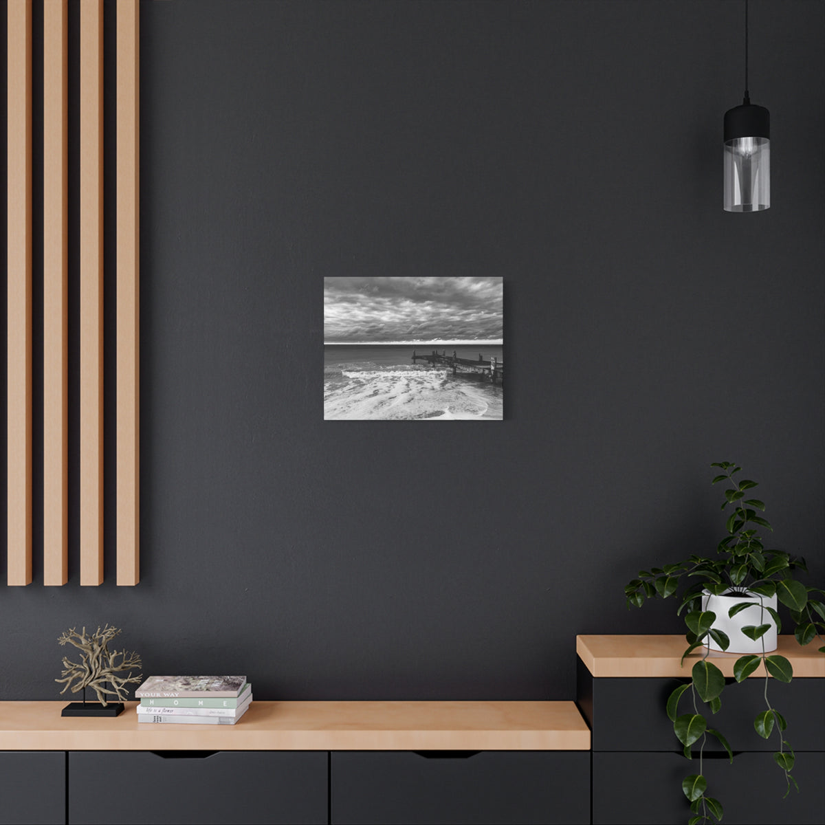 Black and White Seascape Canvas Print — Stormy Beach Pier Wall Art, Matte Stretched 1.25"