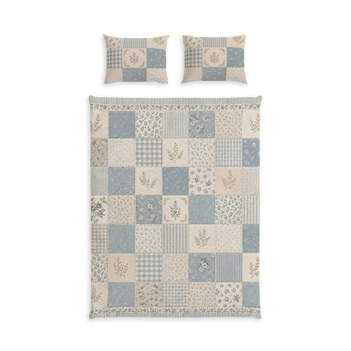 Patchwork Cotton Duvet Cover Set — Blue Floral & Gingham Quilt Design
