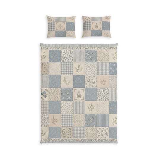 Patchwork Cotton Duvet Cover Set — Blue Floral & Gingham Quilt Design