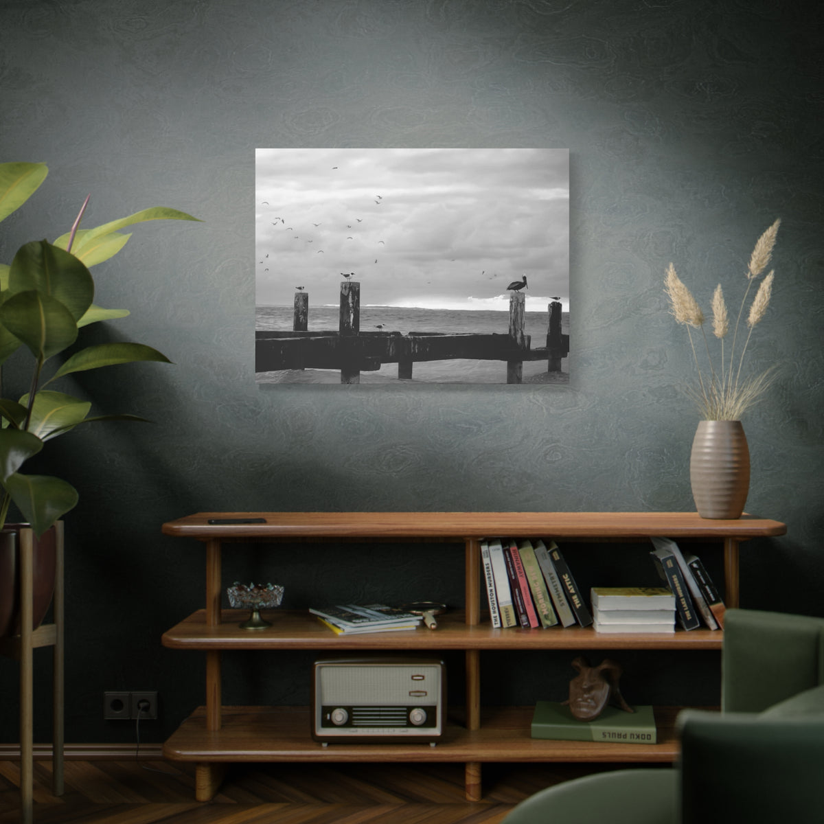 Seaside Pier Black & White Matte Canvas Print — Coastal Bird Photography Wall Art