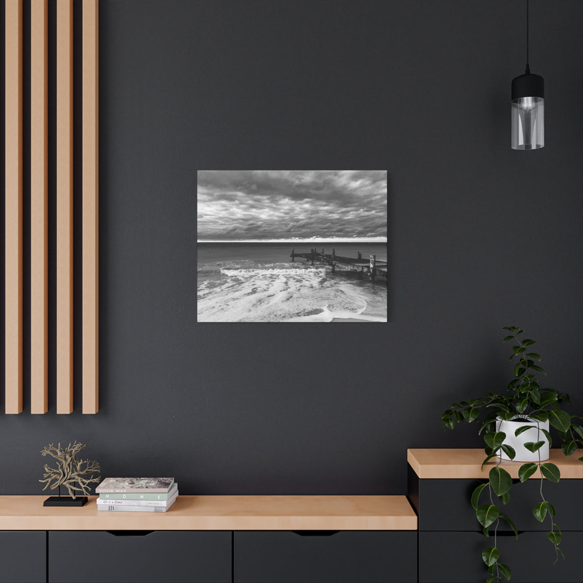 Black and White Seascape Canvas Print — Stormy Beach Pier Wall Art, Matte Stretched 1.25"