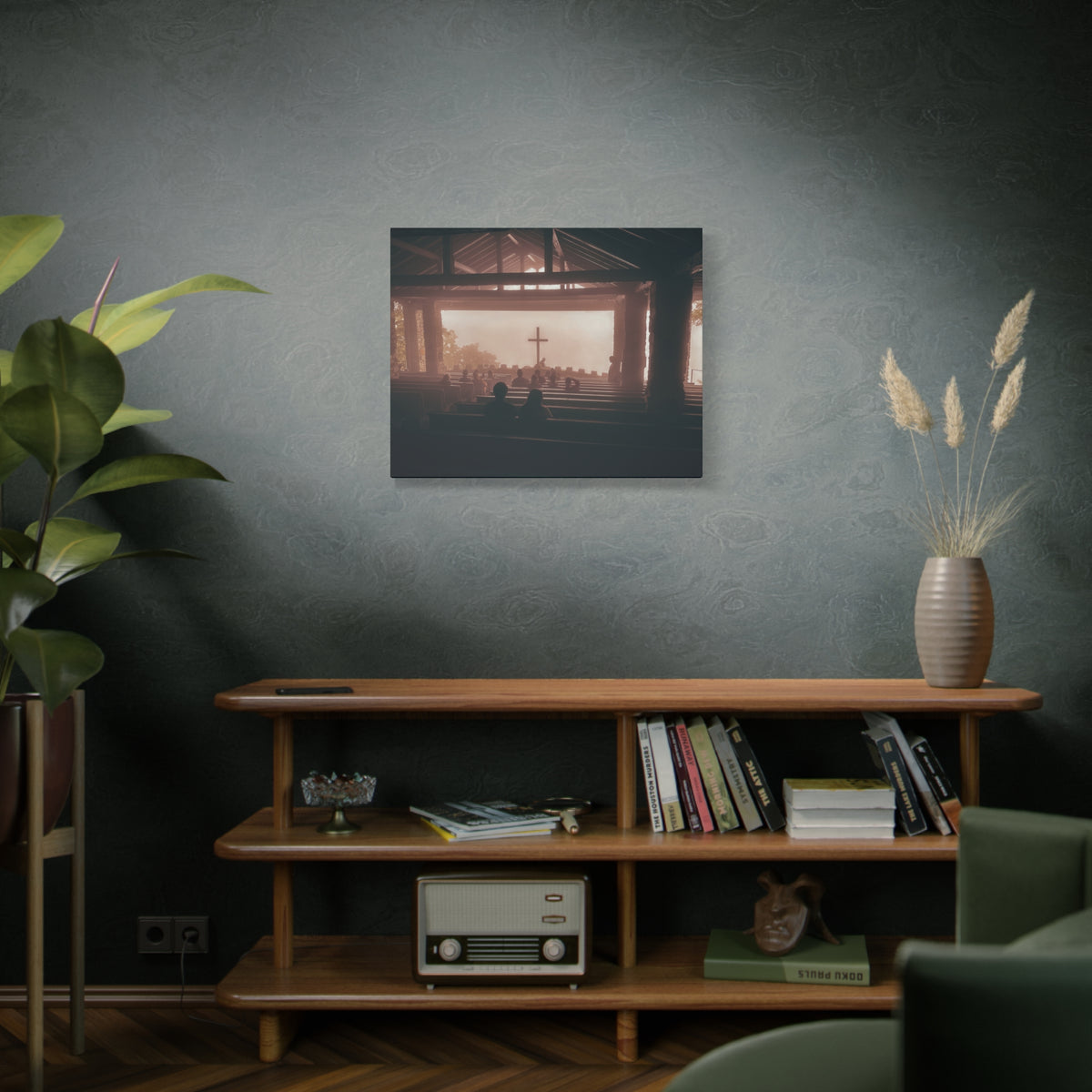 Church Interior Canvas Print — Silhouetted Congregation with Cross