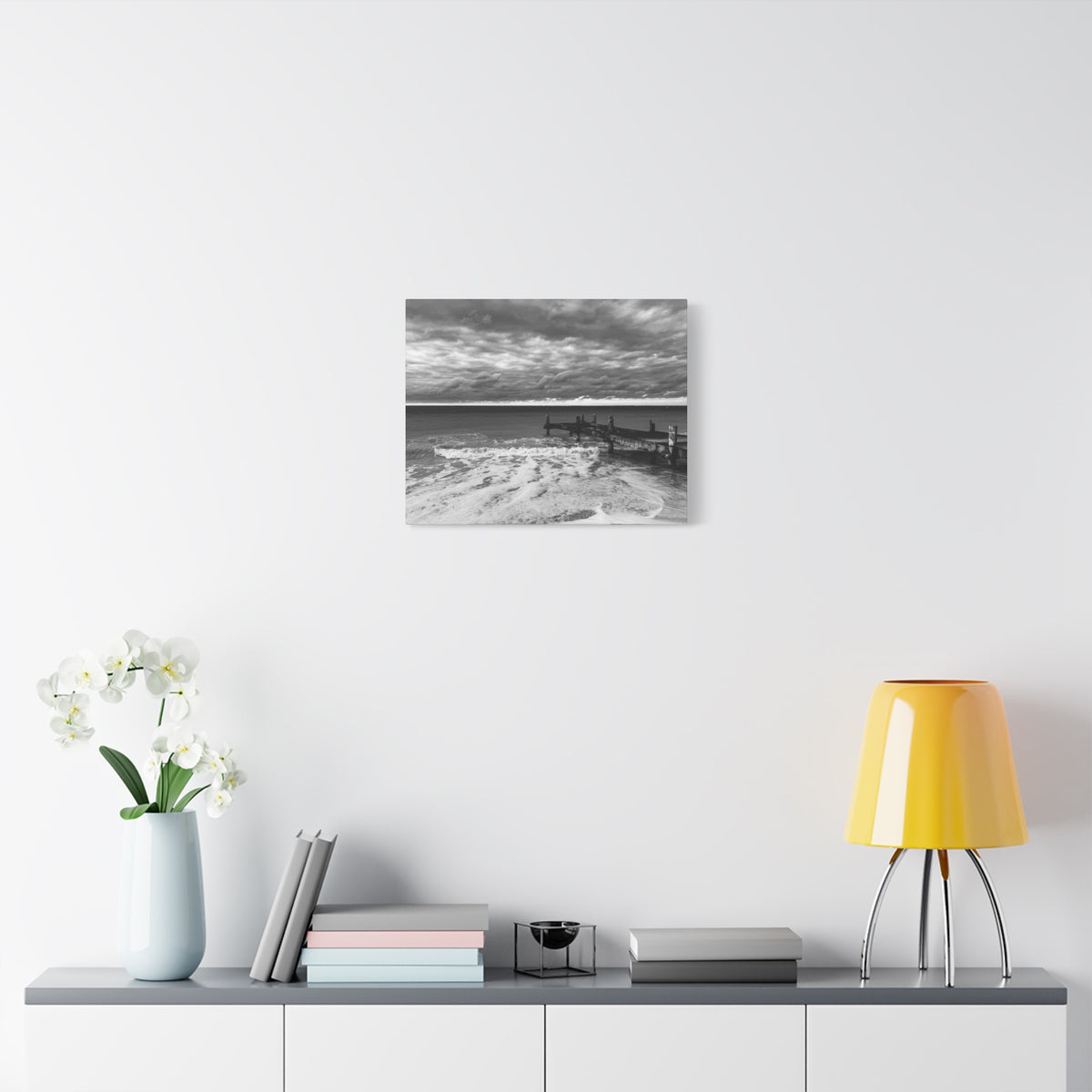 Black and White Seascape Canvas Print — Stormy Beach Pier Wall Art, Matte Stretched 1.25"