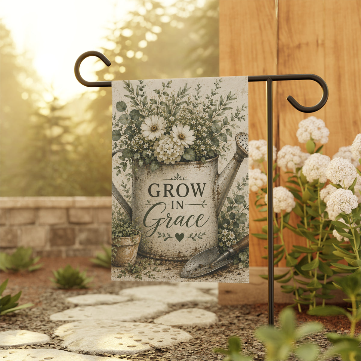 Garden Flag - "Grow in Grace" Watering Can Floral Banner