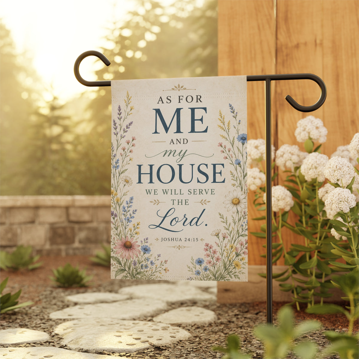 Garden Flag — “As for Me and My House We Will Serve the Lord” Floral Scripture Garden Banner