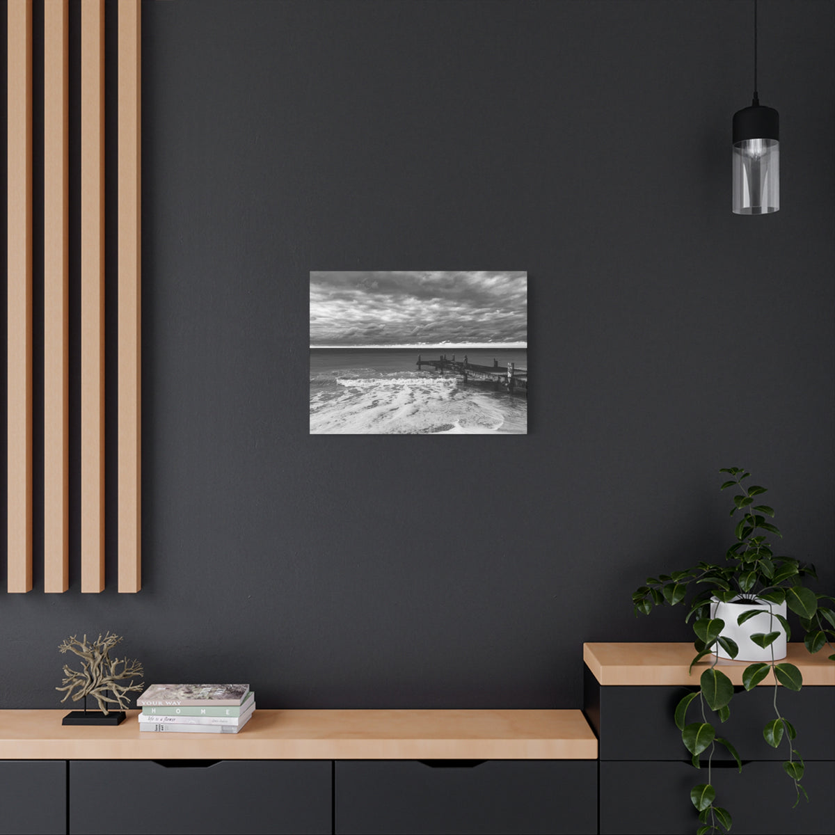 Black and White Seascape Canvas Print — Stormy Beach Pier Wall Art, Matte Stretched 1.25"