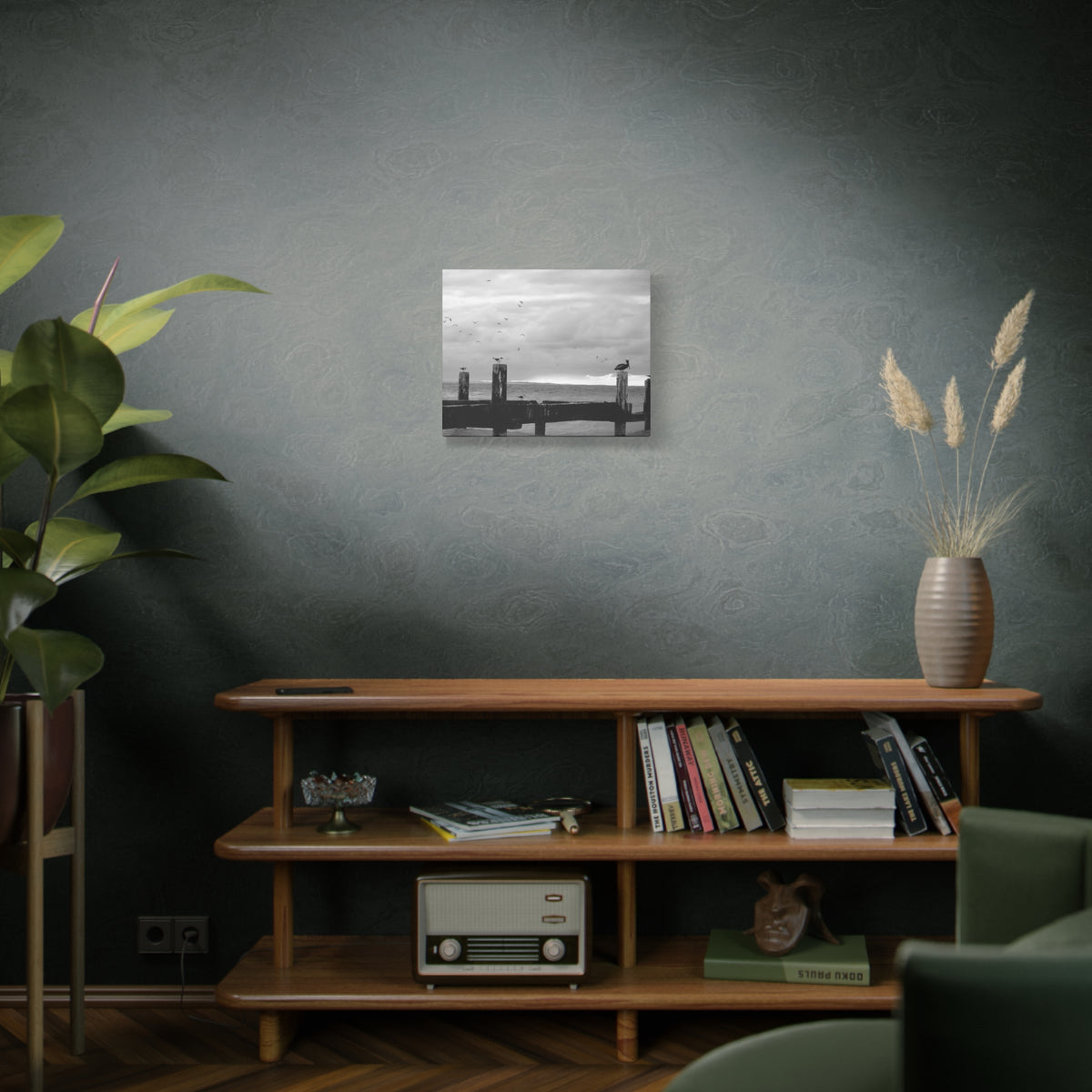 Seaside Pier Black & White Matte Canvas Print — Coastal Bird Photography Wall Art